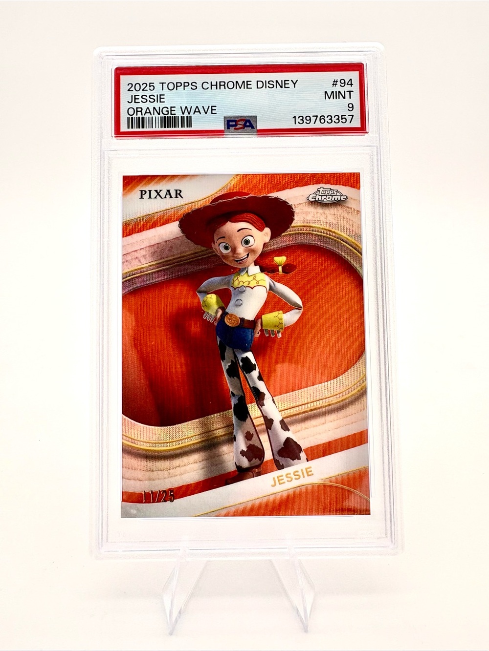 2025 Topps Chrome Disney Toy Story Jessie #94 Orange Wave Refractor 11/25 *PSA 9